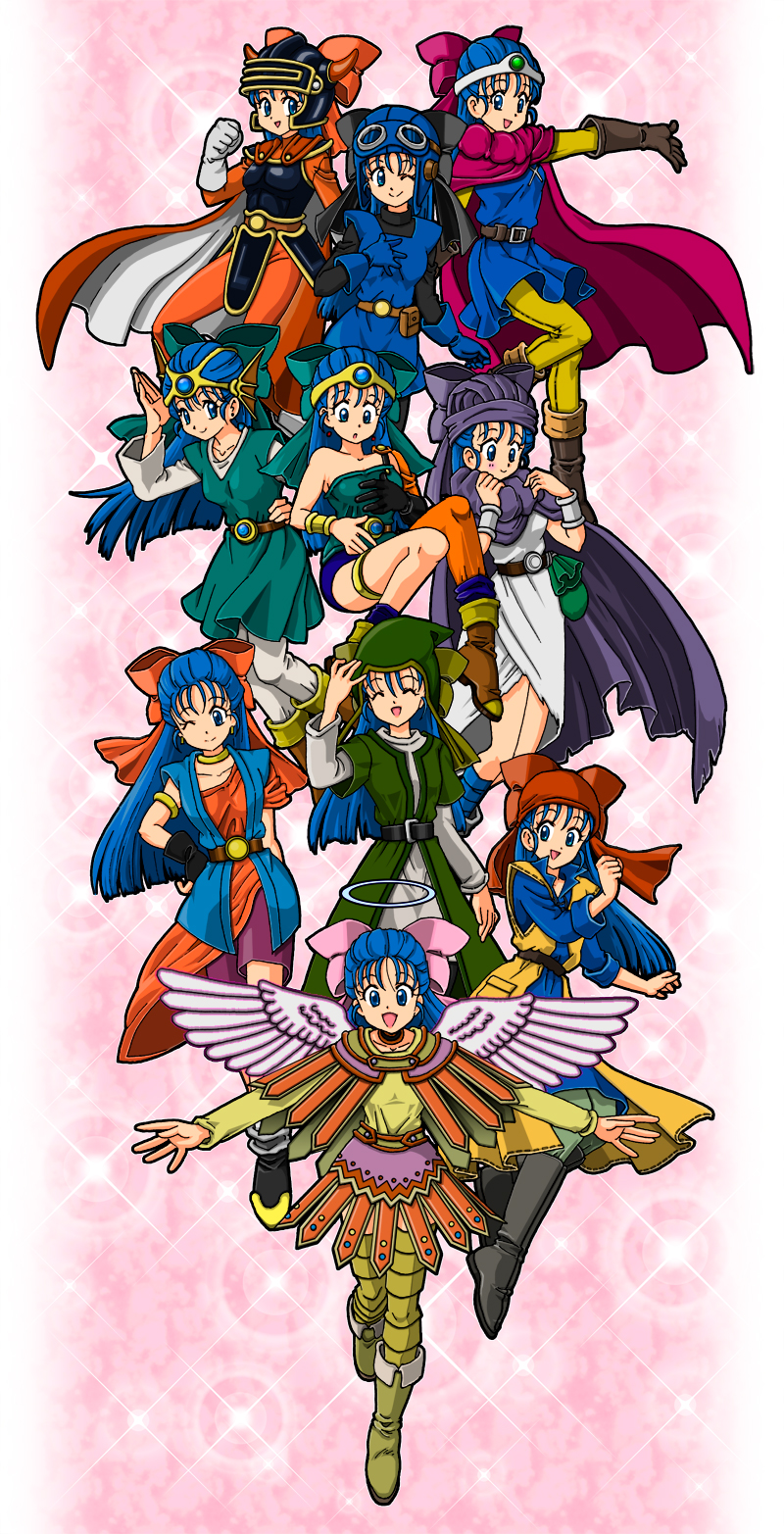 anklet armor asymmetrical_clothes asymmetrical_clothing bandana bandanna belt blue_eyes blue_hair blush boots bow bracelet cape circlet closed_eyes cosplay detached_sleeves dragon_quest dragon_quest_i dragon_quest_ii dragon_quest_iii dragon_quest_iv dragon_quest_ix dragon_quest_v dragon_quest_vi dragon_quest_vii dragon_quest_viii earrings eyes_closed fingerless_gloves flora gloves goggles hair_bow halo hat helmet hero_(dq1) hero_(dq1)_(cosplay) hero_(dq4) hero_(dq4)_(cosplay) hero_(dq5) hero_(dq5)_(cosplay) hero_(dq6) hero_(dq6)_(cosplay) hero_(dq7) hero_(dq7)_(cosplay) hero_(dq8) hero_(dq8)_(cosplay) heroine_(dq4) heroine_(dq4)_(cosplay) heroine_(dq9) heroine_(dq9)_(cosplay) highres jewelry long_hair nika_(20090103-sta) prince_of_lorasia prince_of_lorasia_(cosplay) roto roto_(cosplay) single_glove skirt smile thigh-highs thighhighs turban wings wink