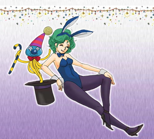 blue_legwear bowtie breasts bunny_ears bunny_girl bunny_tail bunnysuit cane cleavage closed_eyes cosplay curly_hair dragon_quest dragon_quest_iii dragon_quest_iv eyes_closed green_hair hat heroine_(dq4) high_heels hoimi_slime jester_(dq3) jester_(dq3)_(cosplay) jester_(dq3)_cosplay lowres nao_(moji) pantyhose party_hat shoes short_hair smile tail wrist_cuffs