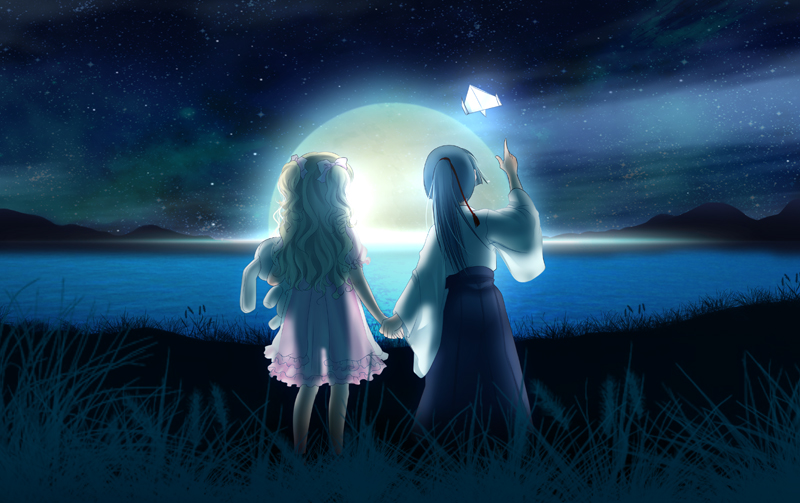 blonde_hair blue_hair child hand_holding holding_hands japanese_clothes macross macross_frontier moon paper_airplane ponytail saotome_alto sheryl_nome tamari_(flawless)