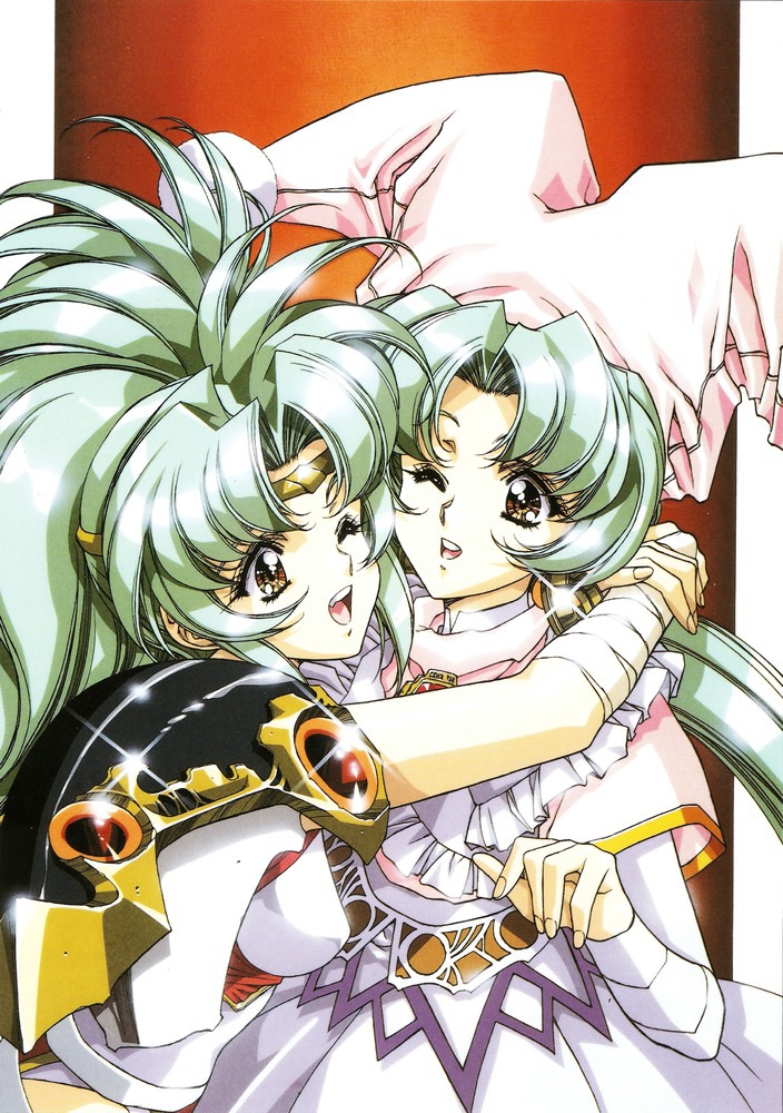 90s ahoge angelina_(langrisser) bangs brown_eyes dress earrings green_hair happy hat hug jester_cap jewelry langrisser langrisser_iv long_hair multiple_girls nightcap official_art open_mouth parted_bangs pauldron pauldrons ponytail scan schelfaniel_(langrisser) siblings sisters smile sparkle tiara twins urushihara_satoshi wink