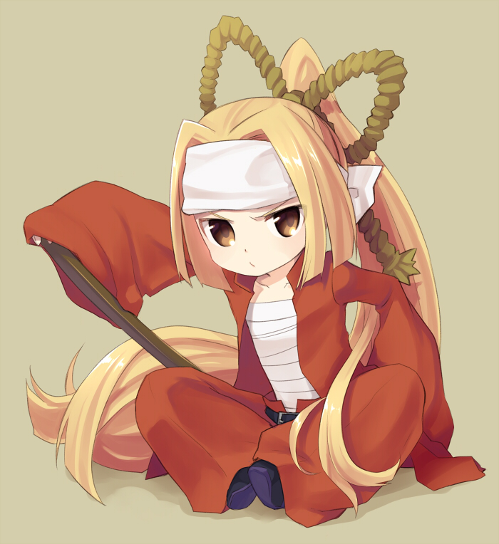 annoyed belt blonde_hair bokken brown_eyes child danball_senki flat_chest hair_ornament headband jacket japanese_clothes long_hair open_clothes open_jacket ponytail rope sarashi simple_background sitting sleeves_past_wrists solo sword tougyuu_yukio very_long_hair weapon wooden_sword yazawa_riko