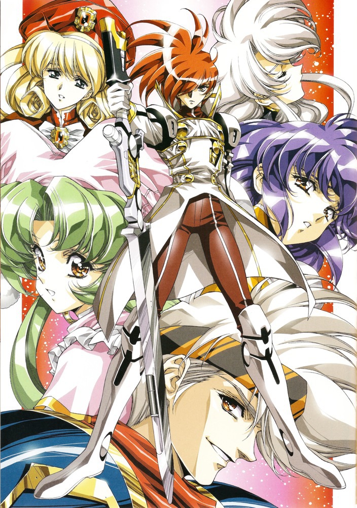 4girls 90s ahoge armor blonde_hair blue_eyes boots brown_eyes claret_(langrisser) closed_eyes coat curly_hair eyes_closed gloves green_hair grin hair_over_eye hair_over_one_eye hat headband jester_cap jewelry lambda_(langrisser) landius_(langrisser) langrisser langrisser_iv langrisser_v long_hair multiple_boys multiple_girls nightcap official_art orange_hair pants pauldron pauldrons payot purple_hair rachel_(langrisser) scan schelfaniel_(langrisser) serious short_hair sigma_(langrisser) smile sword urushihara_satoshi weapon white_hair