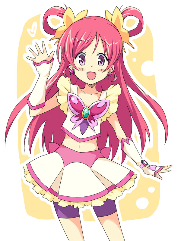 :d :p bike_shorts blush brooch butterfly cure_dream dekosuke dress earrings gloves hair_rings happy jewelry long_hair magical_girl midriff navel open_mouth pink_hair precure purple_eyes shorts_under_skirt smile solo tongue violet_eyes yellow_background yes!_precure_5 yumehara_nozomi