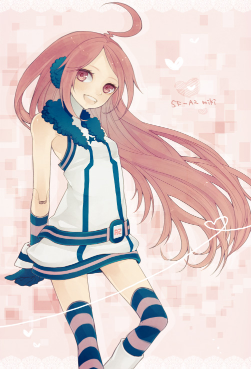 ahoge bad_id boots cuffs dress earmuffs gloves kneehighs long_hair machino_koyoi miki miki_(vocaloid) open_mouth red_eyes red_hair redhead robot_joints sf-a2_miki smile solo star striped striped_legwear striped_socks thighhighs vocaloid