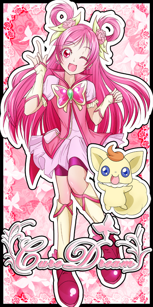 :d :p \m/ argyle argyle_background bike_shorts blue_eyes boots brooch butterfly character_name coco coco_(precure_5) creature cure_dream dress earrings flower hair_flower hair_ornament hair_ribbon hair_rings happy jewelry long_hair magical_girl mascot open_mouth pink pink_background pink_eyes pink_hair precure ribbon shorts_under_skirt smile tongue wink yes!_precure_5 yoshimune yumehara_nozomi