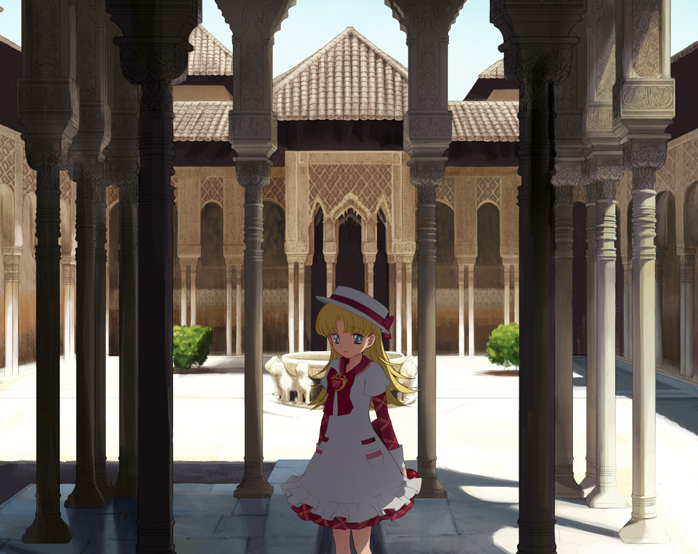 ashita_no_nadja blonde_hair blue_eyes building dress hat long_hair moai_(aoh) nadja_applefield shade shadow solo sunlight