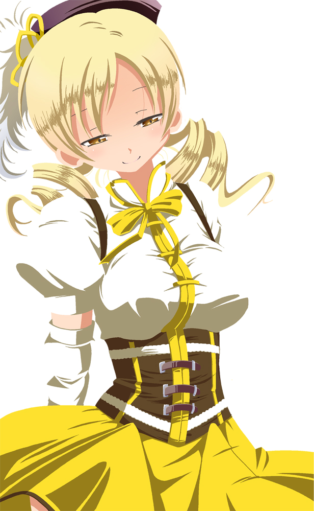 blonde_hair breasts drill_hair hat large_breasts magical_girl mahou_shoujo_madoka_magica no_lineart shino_(ponjiyuusu) smile solo tomoe_mami twin_drills yellow_eyes