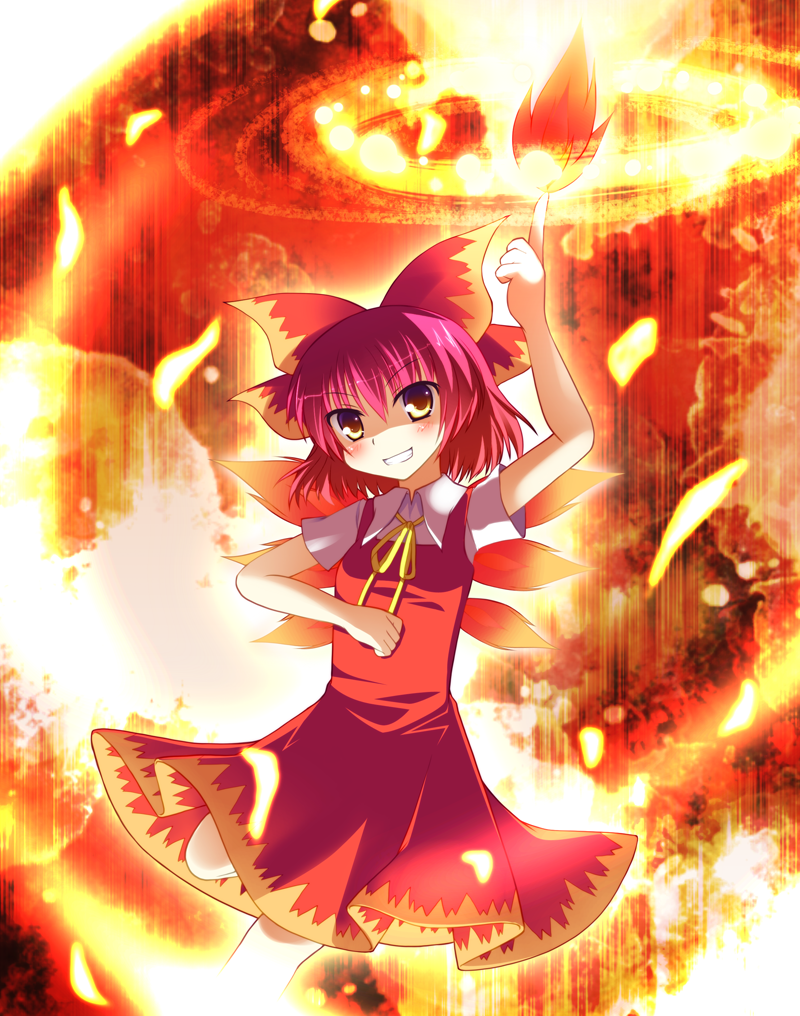 achi_cirno alternate_color alternate_element bad_id blush bow cirno dress fiery_wings fire fujisaki_kaon hair_bow red_dress red_eyes red_hair redhead short_hair smile solo touhou wings