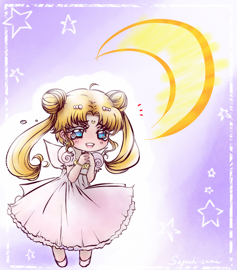 blonde_hair blue_eyes crescent_moon double_bun dress hair_ornament hairpin hands_clasped jewelry long_hair moon princess princess_serenity seguchi-sama shoes smile solo star tears tsukino_usagi twintails