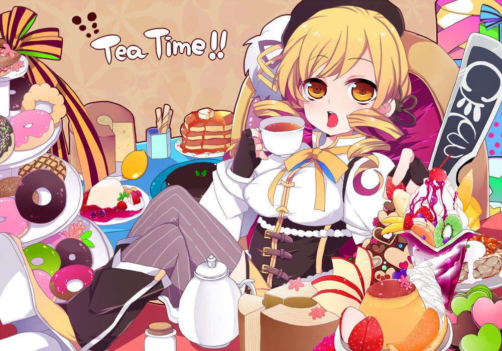 7tsume apple baumkuchen beret blonde_hair boots breasts butter cake cherry crossed_legs cup detached_sleeves doughnut drill_hair feast fingerless_gloves food fruit gloves gun hair_ornament hat ice_cream kiwifruit legs_crossed lemon magical_girl magical_musket mahou_shoujo_madoka_magica open_mouth pancake parfait pie pleated_skirt pudding puffy_sleeves ribbon rifle sitting skirt solo strawberry tea teacup teapot thigh-highs thighhighs tiered_tray tomoe_mami tray weapon yellow_eyes