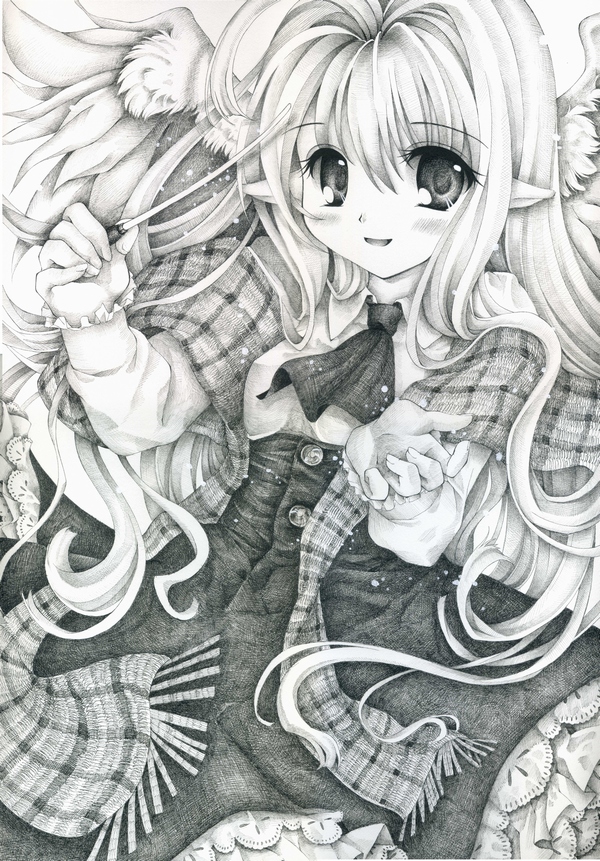 baton_(instrument) blush buttons dress hands lace long_hair looking_at_viewer millipen_(medium) monochrome original petticoat plaid pointy_ears scarf shinonome86 smile solo tartan traditional_media wings