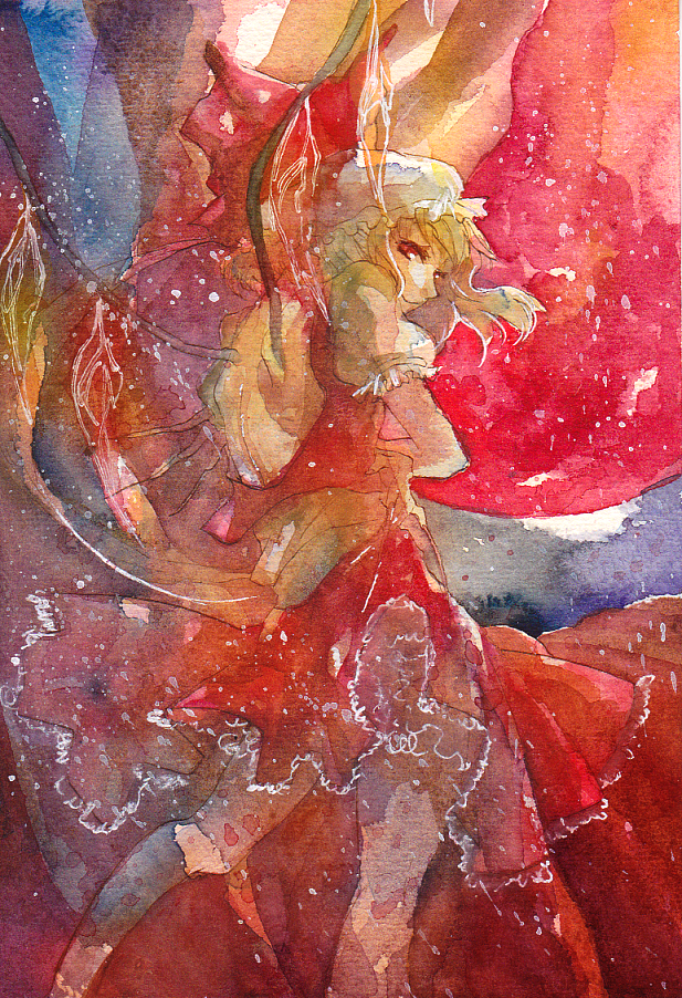 back bad_id blonde_hair campanula-star flandre_scarlet frills hat looking_back red_eyes ruffles solo the_embodiment_of_scarlet_devil touhou traditional_media watercolor_(medium) wings