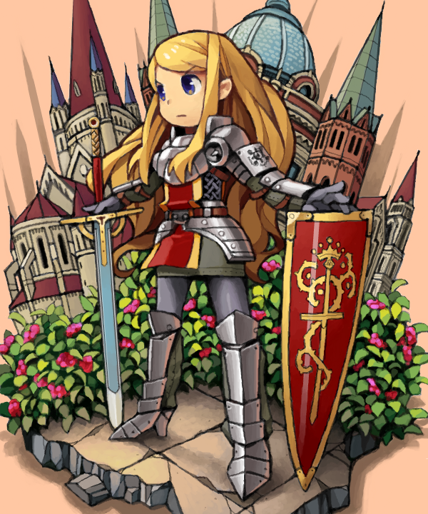 armored_dress blonde_hair breastplate castle character_request copyright_request diorama face full_armor gauntlets gloves goe helmet knight long_hair paladin paladin_(sekaiju) sekaiju_no_meikyuu shield solo standing sword weapon