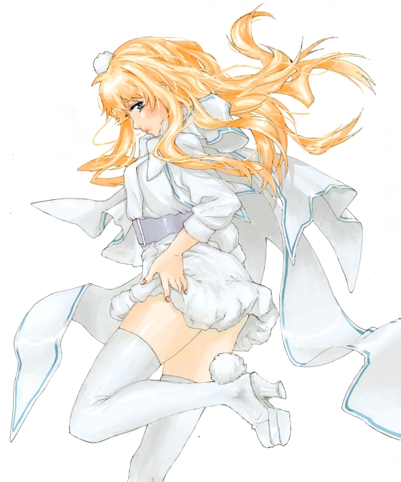 blonde_hair blue_eyes boots long_hair macross macross_frontier macross_frontier:_itsuwari_no_utahime michudx sheryl_nome simple_background solo thigh-highs thigh_boots thighhighs white_legwear