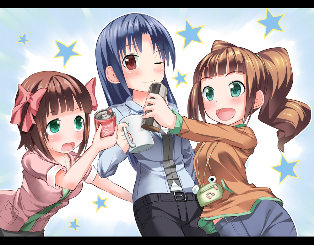 :d amami_haruka blue_hair brown_eyes brown_hair casual cup green_eyes higheast idolmaster kisaragi_chihaya letterboxed long_hair mug multiple_girls open_mouth short_hair smile soda_can star takasaka_donten takatsuki_yayoi twintails wink