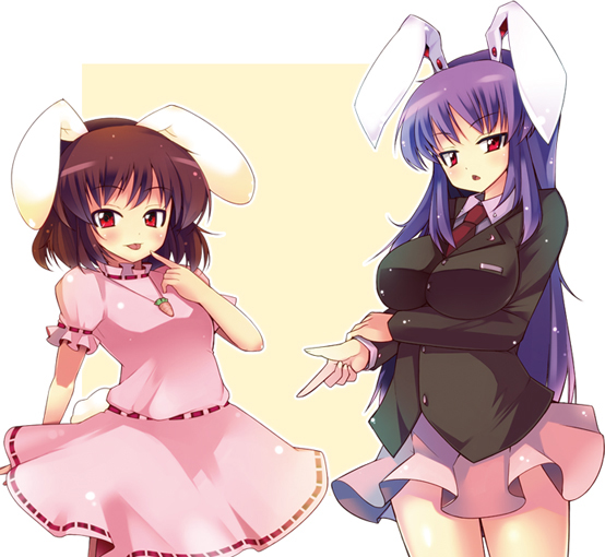 animal_ears blazer breast_hold breasts brown_hair bunny_ears bunny_tail carrot dress finger_gun impossible_clothes impossible_clothing impossible_shirt inaba_tewi ippongui jewelry large_breasts long_hair lowres miniskirt multiple_girls necktie pendant purple_hair red_eyes reisen_udongein_inaba shirt short_hair skirt tail tongue touhou very_long_hair