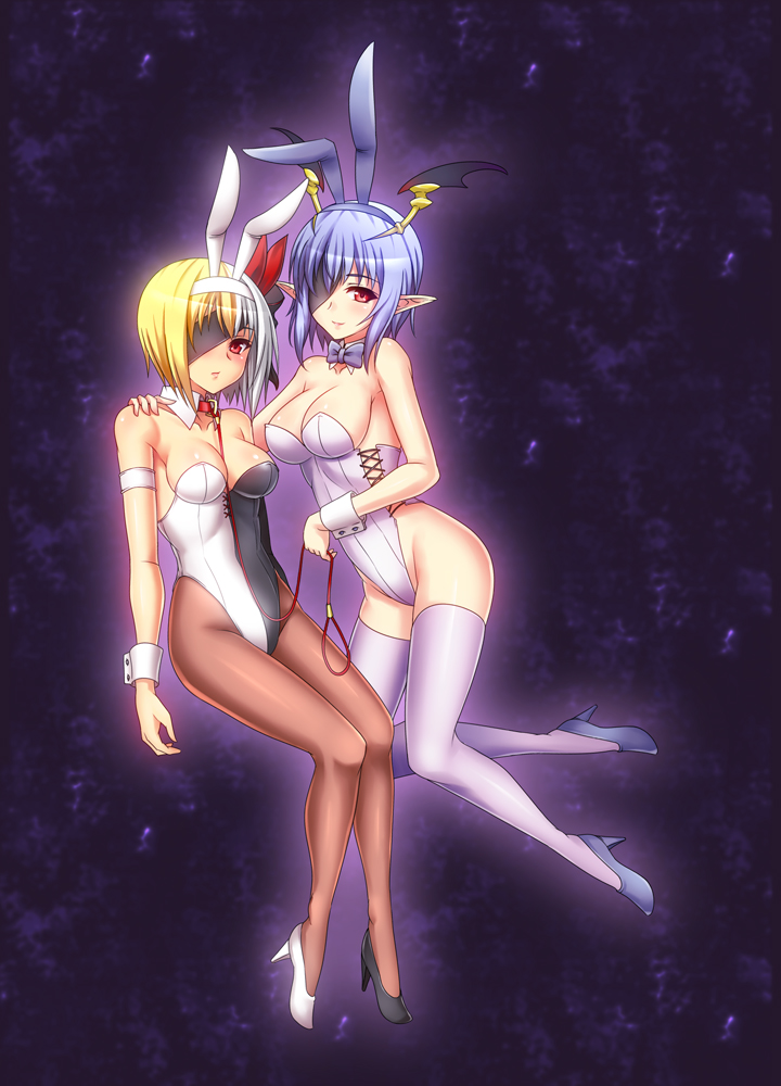 animal_ears bare_shoulders blonde_hair blue_hair blush bowtie breasts bunny_ears bunny_girl bunnysuit cleavage collar demon_girl eyepatch hairband head_wings high_heels jeanne_d'arc_(lord_of_vermilion) jeanne_d'arc_(lord_of_vermilion) large_breasts leash leotard lilith_(lord_of_vermilion) lord_of_vermilion mismatched_footwear multicolored_hair multiple_girls pantyhose pointy_ears red_eyes shoes short_hair slave sleeveless succubus surume_(clavis) thigh-highs thighhighs two-tone_hair white_hair white_legwear wrist_collar wrist_cuffs