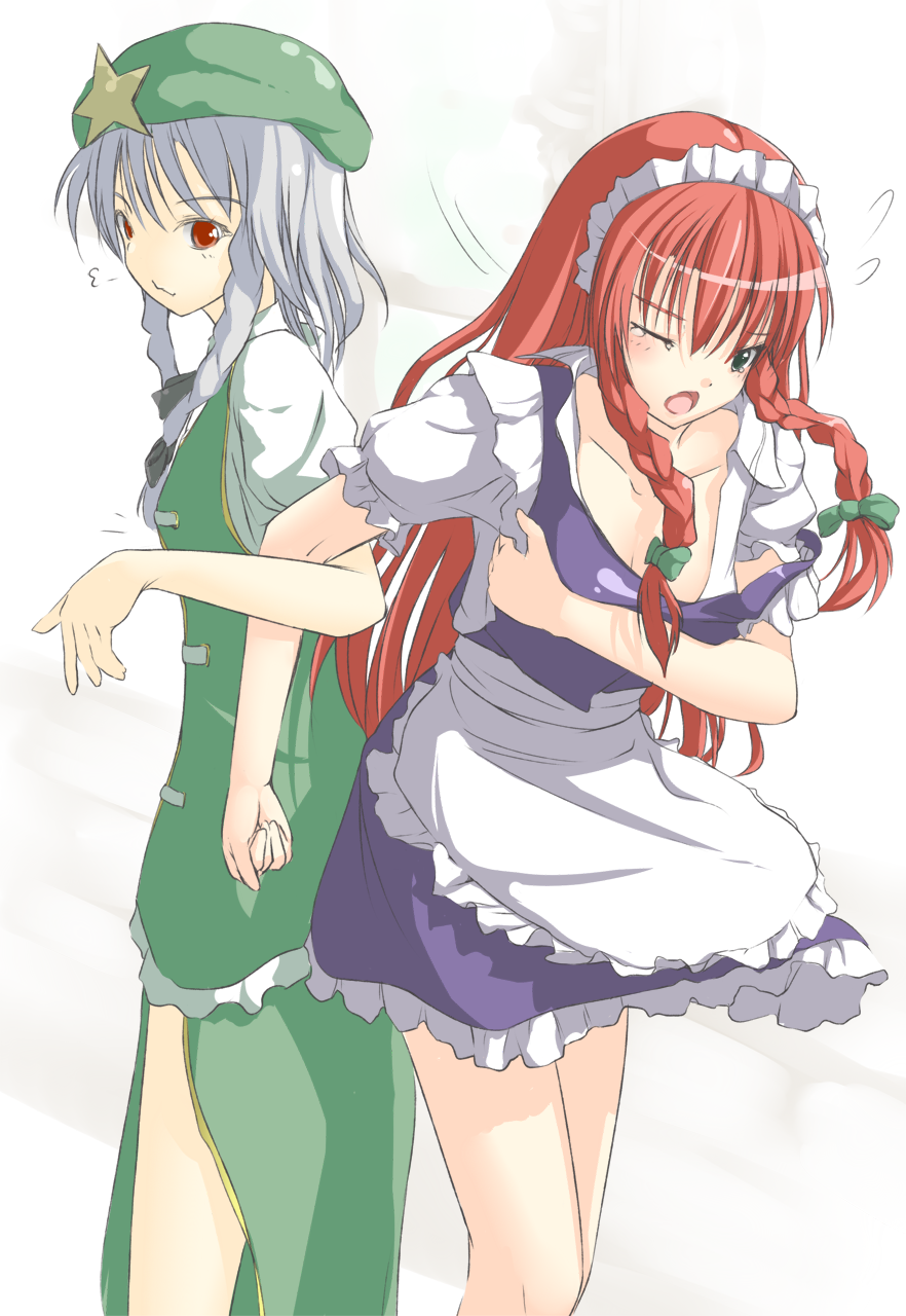 alternate_costume blue_eyes braid cosplay costume_switch enmaided highres hong_meiling hong_meiling_(cosplay) izayoi_sakuya izayoi_sakuya_(cosplay) long_hair maid maid_headdress multiple_girls red_eyes red_hair redhead rindou_(faker's_manual) rindou_(faker's_manual) short_hair side_slit silver_hair the_embodiment_of_scarlet_devil touhou twin_braids