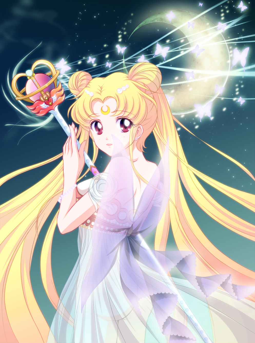 bishoujo_senshi_sailor_moon blonde_hair bow bracelet brown_eyes butterfly crescent_moon double_bun dress earrings eternal_tiare facial_mark forehead_mark hair_ornament hairpin highres jewelry long_hair magic mi-ra moon princess princess_serenity ribbon scepter see-through smile solo tsukino_usagi twintails