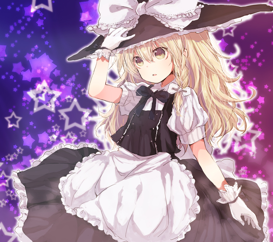 apron bad_id blonde_hair bow braid dress gloves hair_bow hand_on_hat hat hat_bow kirisame_marisa long_hair miya_(tsumazukanai) open_mouth solo star touhou waist_apron white_gloves witch witch_hat yellow_eyes