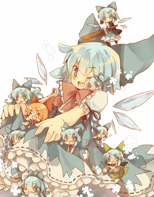 achi_cirno advent_cirno alternate_color alternate_element alternate_hairstyle animal_ears arm_cannon asakura_rikako asakura_rikako_(cosplay) bespectacled blue_dress blue_eyes blue_hair blush bow cat_ears cat_tail chibi cirno closed_eyes cosplay dress fairy fang flandre_scarlet flandre_scarlet_(cosplay) glasses green_dress hair_bow hakurei_reimu hakurei_reimu_(cosplay) ice kaenbyou_rin kaenbyou_rin_(cosplay) long_hair masirosu minigirl multiple_persona open_mouth red_dress reiuji_utsuho reiuji_utsuho_(cosplay) short_hair side_ponytail sitting smile solo sword tail touhou weapon wings wink