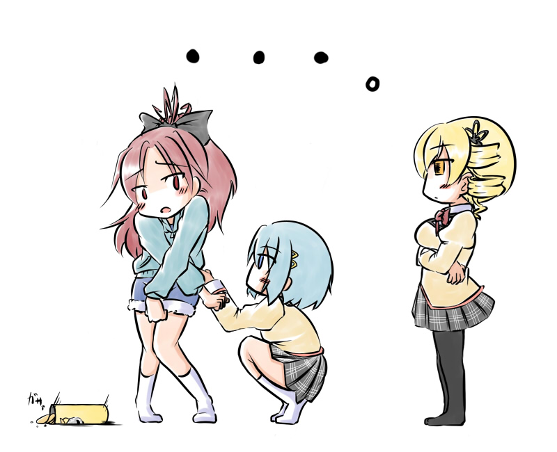 aotori blue_hair comic drill_hair long_hair mahou_shoujo_madoka_magica miki_sayaka multiple_girls pantyhose ponytail red_hair redhead sakura_kyouko school_uniform short_hair tomoe_mami