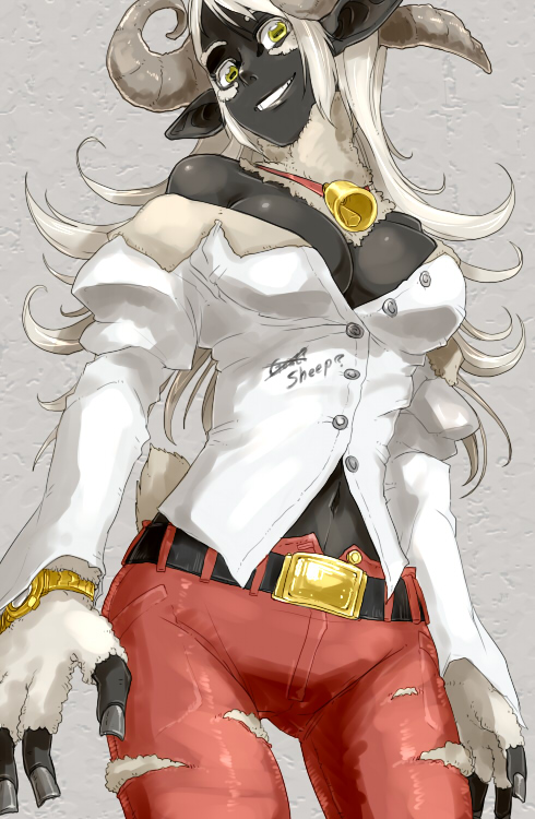 bell bell_collar belt black_skin breasts cleavage collar dark_skin english fingernails grin horns long_fingernails long_hair monster_girl nail nails navel off_shoulder original oso oso_(toolate) ovis_aries pants personification pointy_ears sheep sheep_horns sheep_tail smile solo tail thigh_gap torn_clothes torn_pants unbuttoned watch white_hair wool wristwatch yellow_eyes