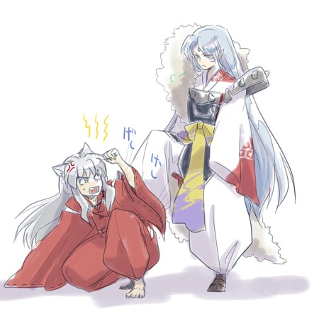 animal_ears brothers bullying crise dog_ears facial_mark inuyasha inuyasha_(character) long_hair lowres male multiple_boys open_mouth pointy_ears sesshoumaru siblings white_hair