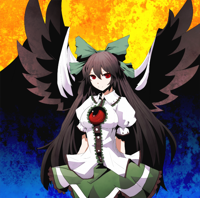 bad_id black_hair blush bow breasts cape hair_bow long_hair mosamosa1110 red_eyes reiuji_utsuho solo third_eye touhou wings