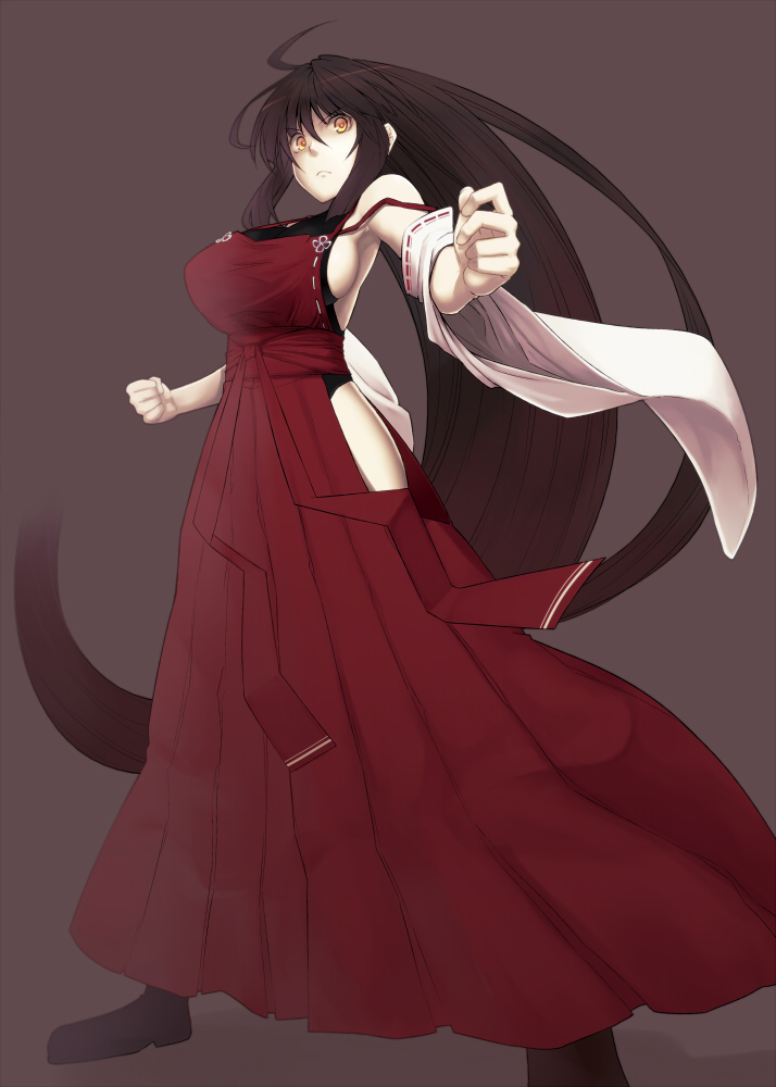 ahoge armpits bare_hips bare_shoulders black_hair boots breasts brown_eyes clenched_hand detached_sleeves fighting_stance fist frown hakama hiroya_juuren japanese_clothes large_breasts long_hair m.u.g.e.n miko mugen_(game) no_bra original sendai_hakurei_no_miko sideboob simple_background solo strap_slip taut_shirt touhou very_long_hair wide_sleeves yellow_eyes