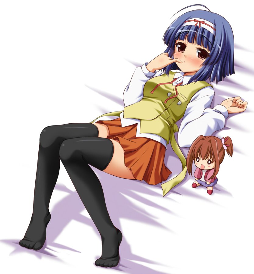 blue_hair blush brown_eyes brown_hair character_doll chisato_(missing_park) doll dress feet finger_to_mouth hairband jewel_pet_tinkle jewelpet_(series) jewelpet_tinkle lying multiple_girls on_back orange_dress payot sakura_akari sara_(jewel_pet) sara_(jewelpet) sara_(jewelpet_tinkle) school_uniform short_hair side_ponytail skirt thigh-highs thighhighs zettai_ryouiki