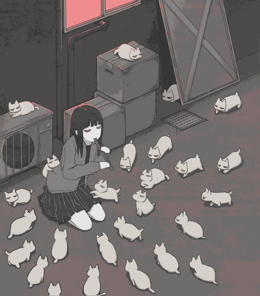 alley black_hair blunt_bangs box cardboard_box cat feline female feral flute glowing glowing_eyes human instrument monochrome nihohe no_nose original outside pale_skin pied_piper pleated_skirt red_eyes restricted_palette schoolgirl seiza sitting skirt solo spot_color teen too_many_cats white white_cat white_cat_(animal) window