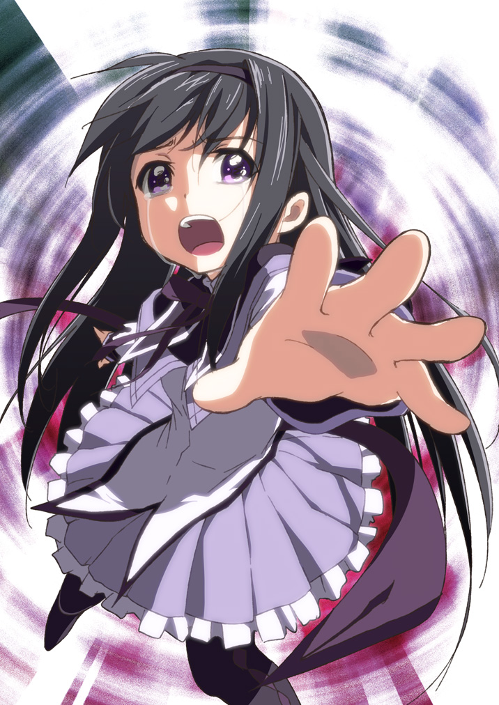 akemi_homura black_hair dress errant foreshortening frills hairband hands long_hair magical_girl mahou_shoujo_madoka_magica open_mouth pantyhose purple_eyes reaching solo tears violet_eyes