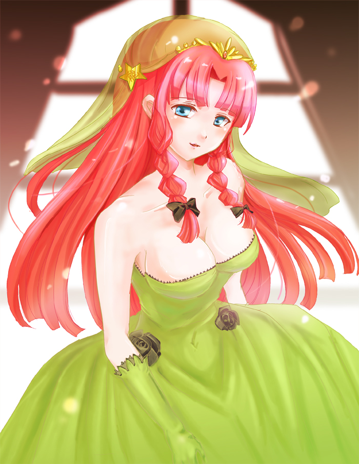 aira_(artist) alternate_costume bare_shoulders black_rose black_rose_(flower) blue_eyes braid breasts cleavage dress flower gloves hair_ribbon hong_meiling large_breasts long_hair red_hair redhead ribbon rose solo star strapless strapless_dress touhou twin_braids veil wedding_dress