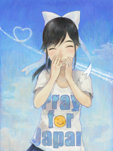 black_hair bow clothes_writing clothing_writing condensation_trail contrail face hair_bow heart love_plus pikipon sky smile smiley_face solo t-shirt takane_manaka tegaki vapor_trail