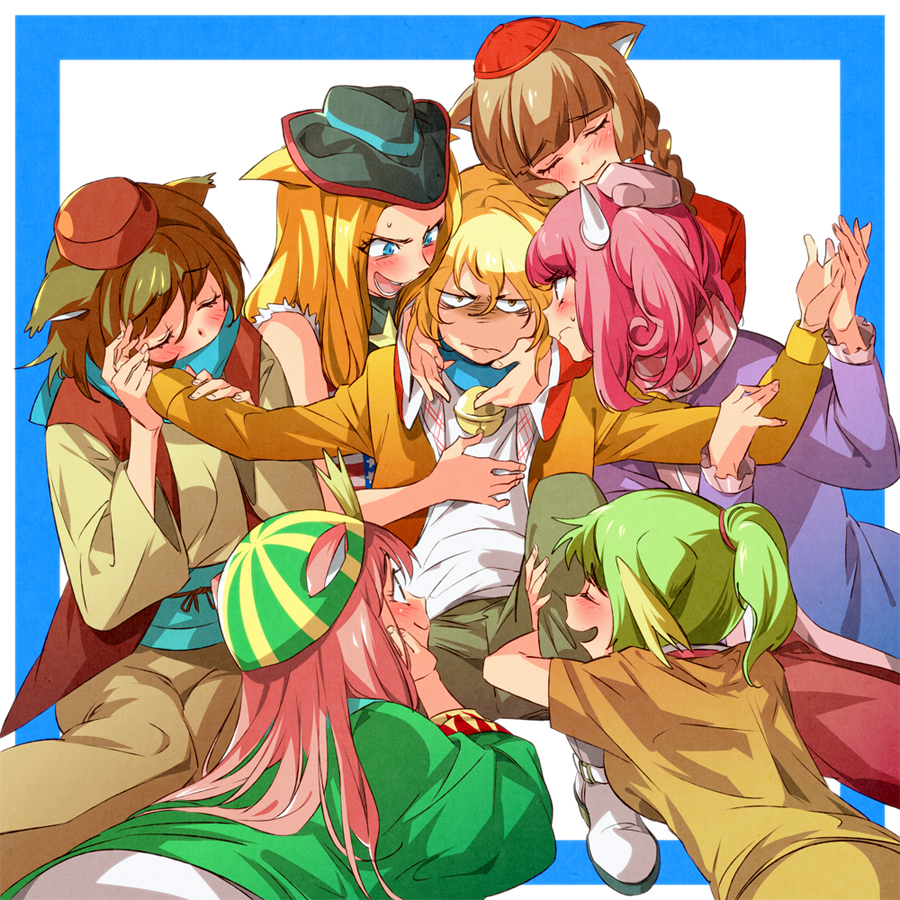 blonde_hair blush braid character_request dora-nichov dora-rinho dora-the-kid dora_med_iii doraemon dorami el_matadora genderswap grabbing green_hair happy harem hat hug personification pink_hair ponytail scarf smile snika the_doraemons twin_braids wang_dora