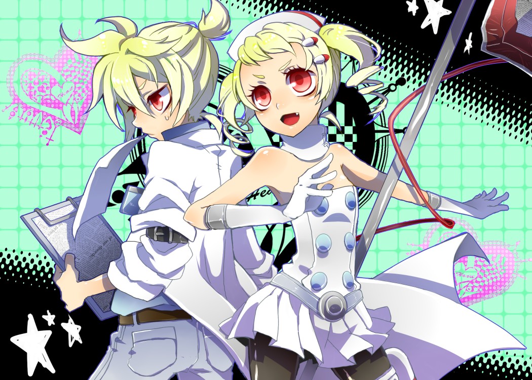1boy 1girl bare_shoulders blonde_hair blush bow breasts brother_and_sister child doctor drill_hair elbow_gloves fang flat_chest gloves hair_bow hair_ornament hat intravenous_drip kagamine_len kagamine_rin koiiro_byoutou_(vocaloid) mouth_hold nata nurse nurse_cap open_mouth pantyhose ponytail project_diva project_diva_2nd red_eyes short_hair siblings small_breasts smile sweatdrop thigh_boots thighhighs twin_drills twins twintails uniform vocaloid