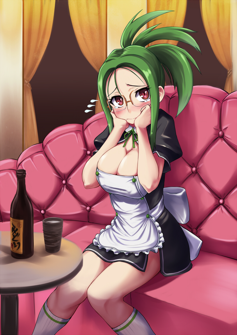 blush bottle breasts cleavage coupe50 dream_c_club erect_nipples glasses green_hair large_breasts mio_(dream_c_club) ponytail red_eyes sitting solo table tears waitress white_legwear