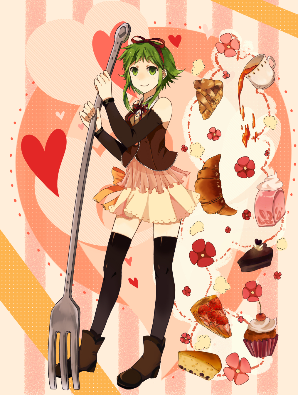bow cake croissant cup detached_sleeves food fork green_eyes green_hair gumi hair_bow heart highres pastry short_hair skirt smile solo tea thigh-highs thighhighs tomoyami vocaloid zettai_ryouiki