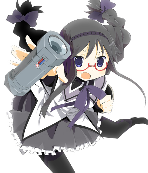 akemi_homura black_hair bomb braid glasses hairband magical_girl mahou_shoujo_madoka_magica open_mouth pantyhose purple_eyes red-framed_glasses solo spoilers throwing twin_braids violet_eyes wara_(warapro) weapon