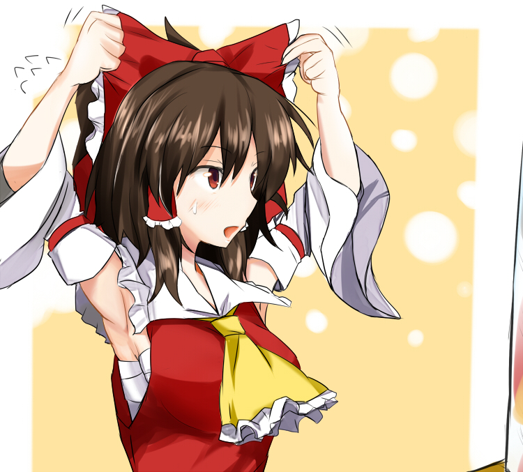 armpits arms_up bow brown_hair detached_sleeves ginmoku_poshi hair_bow hakurei_reimu japanese_clothes miko open_mouth poshi_(ginmokusei) red_eyes sarashi solo sweatdrop touhou