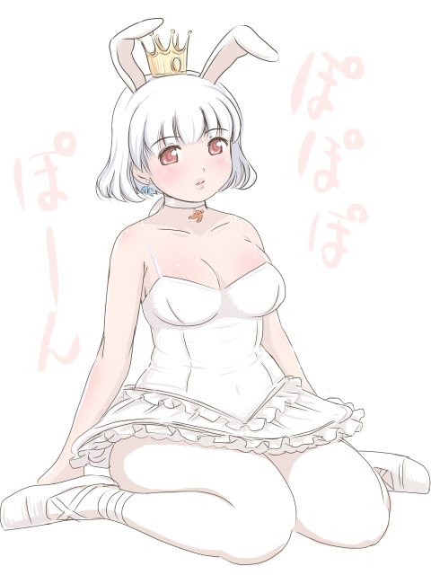 animal_ears arigato_usagi arigatou_usagi ballet_slippers bare_shoulders breasts bunny_ears choker cleavage crown leotard pantyhose personification plump poponpin shoe_ribbon short_hair sitting thick_thighs tutu wariza white_hair white_legwear