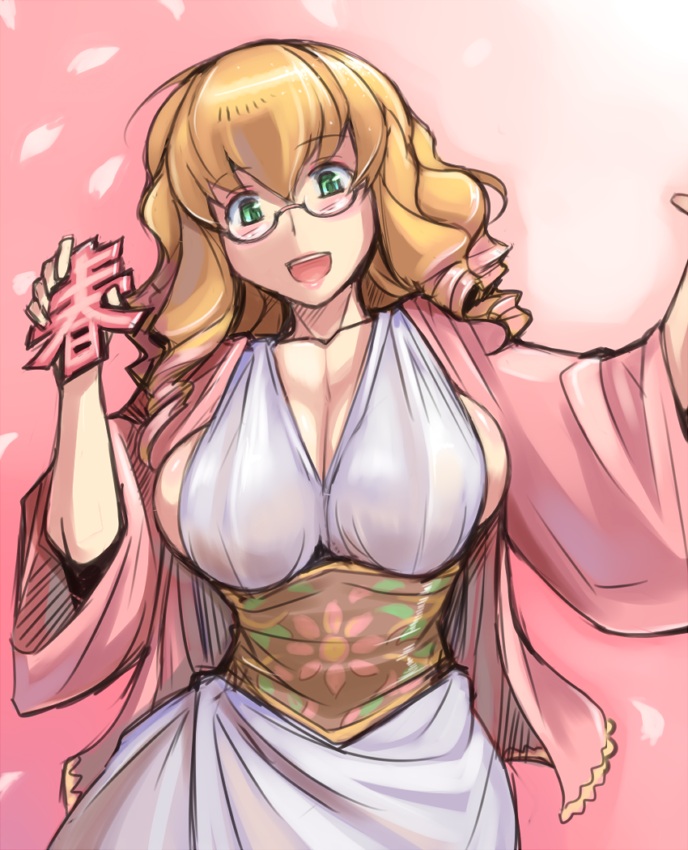 bespectacled blonde_hair blush breasts cleavage cosplay glasses green_eyes haru-chan haru-chan_(cosplay) hina_ichigo large_breasts nippon_housou_kyoukai open_mouth rozen_maiden rozenweapon sideboob smile solo