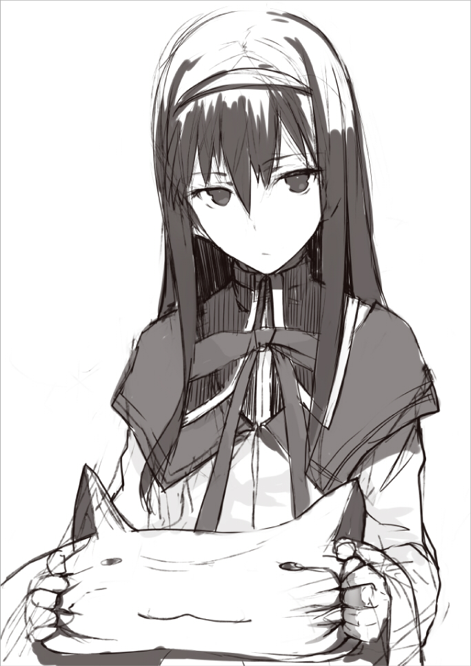 akemi_homura black_hair capelet face headband kyubey kyuubee long_hair mahou_shoujo_madoka_magica monochrome shirabi_(life-is-free) sketch solo stretch