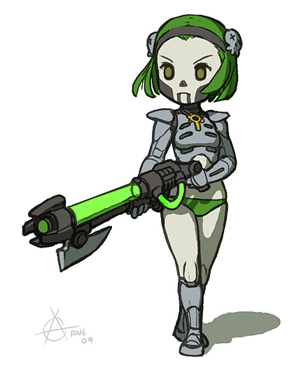 armor chibi face_paint flat_chest green_eyes green_hair gun hairband lowres necron niklas_jansson panties pauldron personification rifle skull warhammer_40k weapon