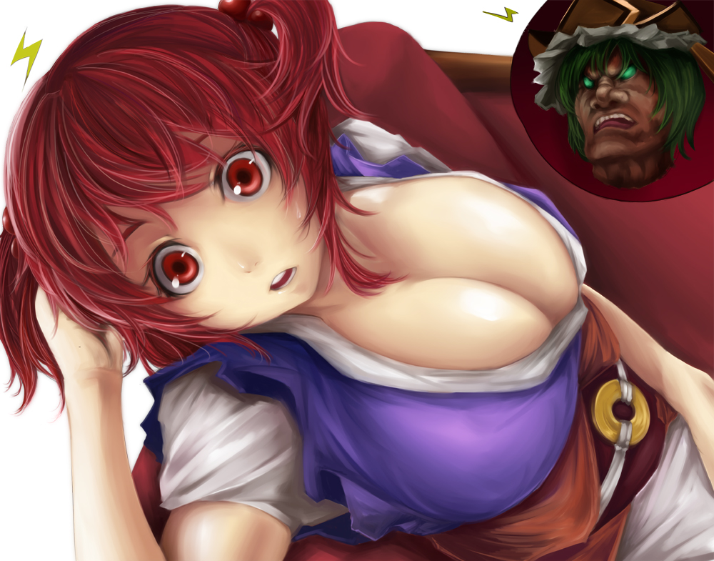 breasts bursting_breasts bust cleavage green_eyes green_hair hair_bobbles hair_ornament hat kirieppa large_breasts oni onozuka_komachi red_eyes red_hair redhead shikieiki_yamaxanadu short_hair touhou twintails