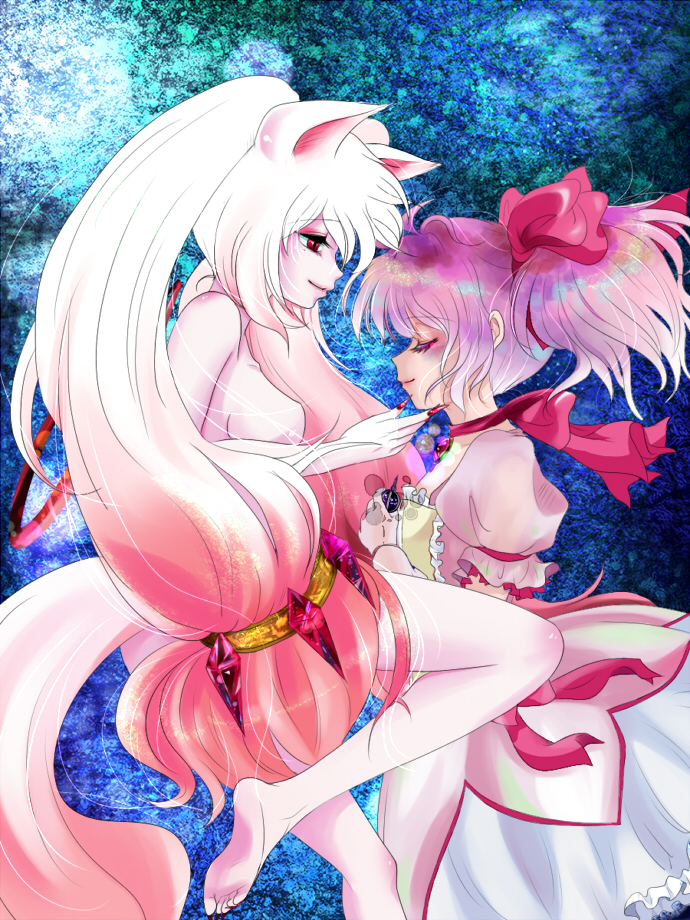 animal_ears bare_legs bare_shoulders barefoot breasts censor_hair censored choker closed_eyes convenient_censoring eyes_closed feet fingernails grief_seed hair_ornament kaname_madoka kyubey long_hair mahou_shoujo_madoka_magica multiple_girls nail_polish nude personification pink_hair profile puffy_sleeves short_twintails smile suika_(swimy0pe0u_u0s) tail twintails white_hair