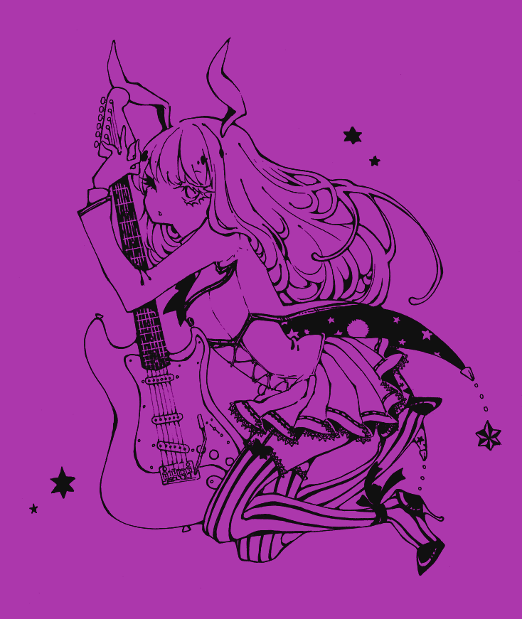 animal_ears ankle_ribbon ballpoint_pen_(medium) bow bow_legwear bunny_ears electric_guitar garter_straps guitar high_heels instrument long_hair minidress miri monochrome purple reisen_udongein_inaba shoes solo star thigh-highs thighhighs touhou traditional_media vertical-striped_legwear vertical_stripes wink