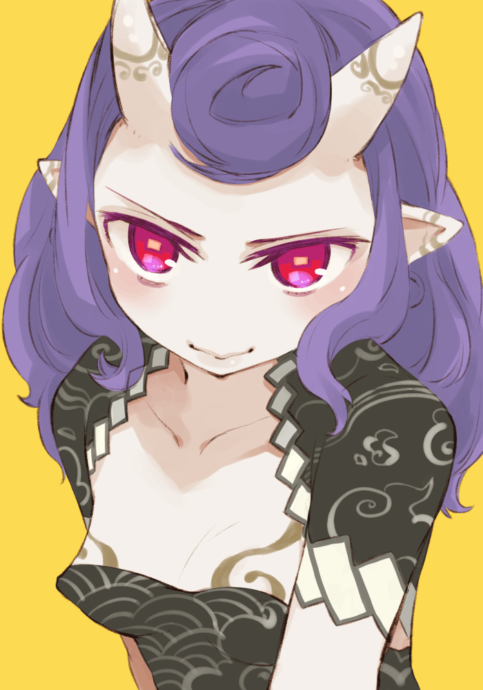 face horns monster_girl mota no_nose oni original pointy_ears purple_hair red_eyes simple_background solo