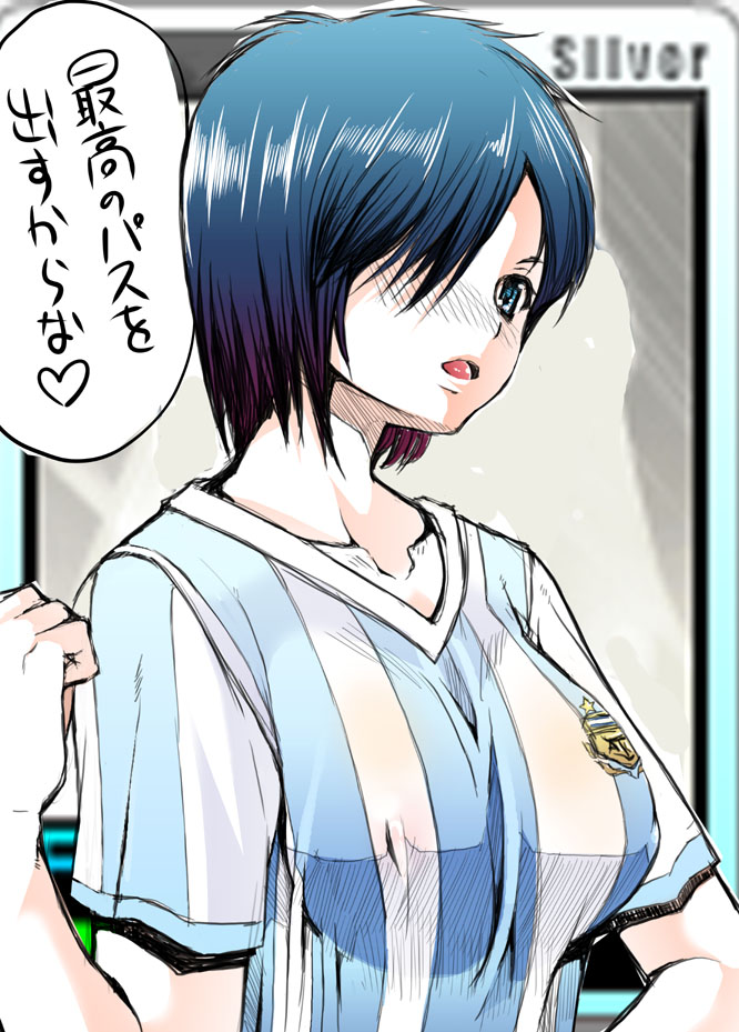 argentina blue_eyes blue_hair blush breasts captain_tsubasa erect_nipples face genderswap hair_over_one_eye large_breasts lips red-rum short_hair sketch soccer_uniform translated translation_request